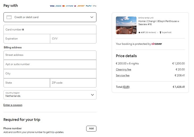 فرایند رزرو در وب سایت Airbnb 1