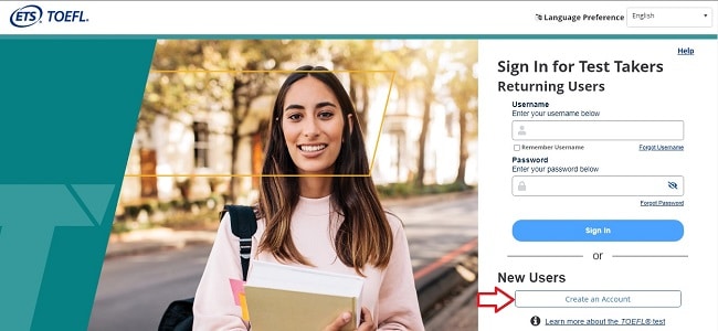 ثبت نام آزمون تافل در خارج از کشور و پرداخت هزینه آن 3 به قسمت پایین صفحه سمت چپ رفته و گزینه Create account را انتخاب کنید.